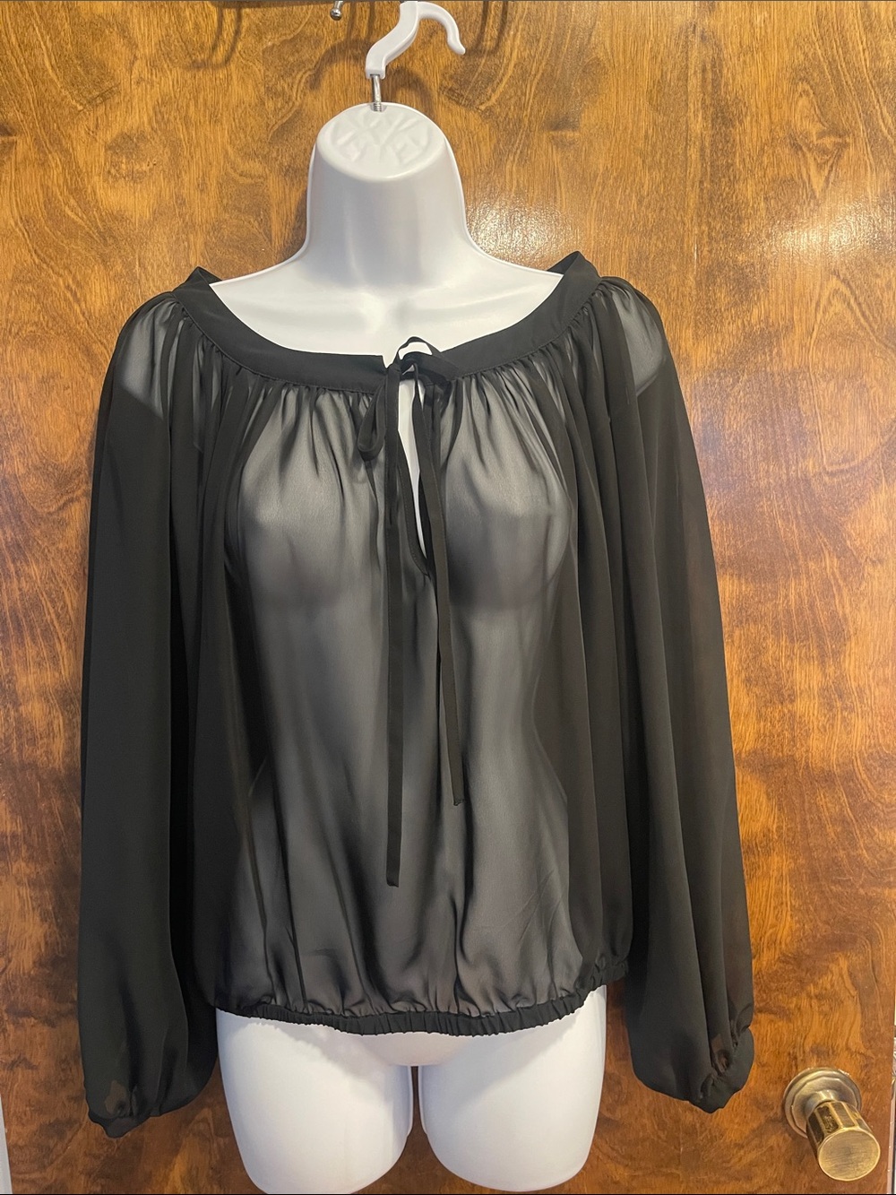 bebe Black Sheer Tie-Front Peasant Blouse